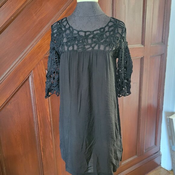 Black Crochet Lace Boho Dress S/P By Twentyone With 3/4 Sleeves & Flowy Fit - Picture 1 of 5